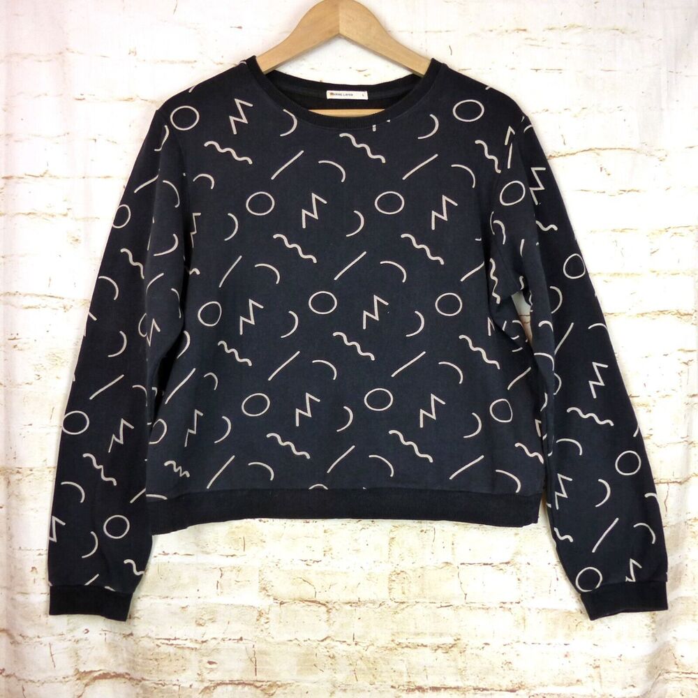 Marine Layer Anytime Black Noodle Print Sweatshirt Womens L Crewneck 90s Art Geo